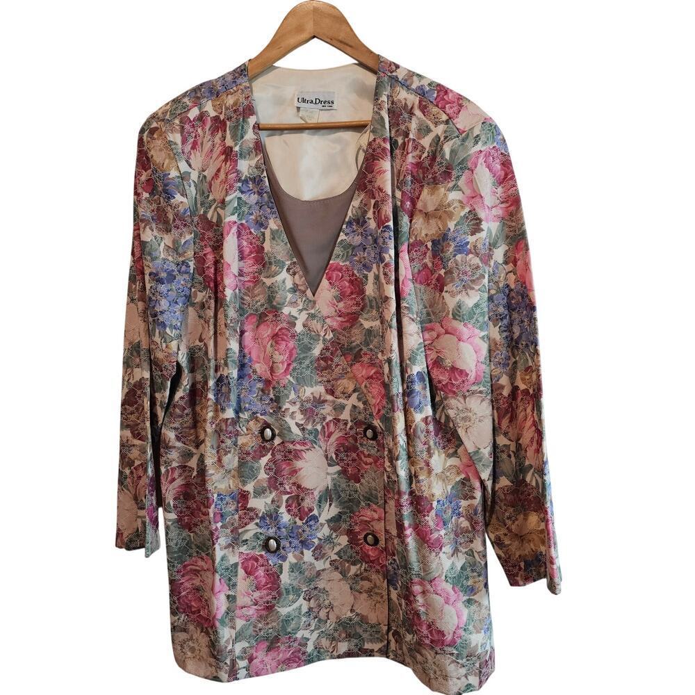 Vintage Floral Blazer Womens Size 20W Beige Pink Cottagecore Preppy Fairy 90s